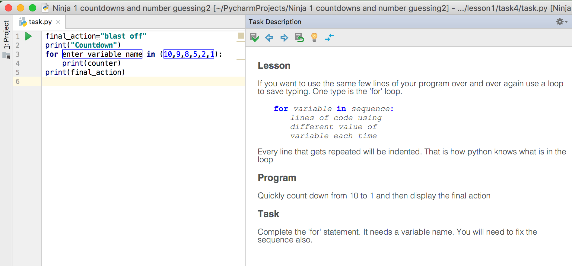 Task description. PYCHARM edu. Lines of code.